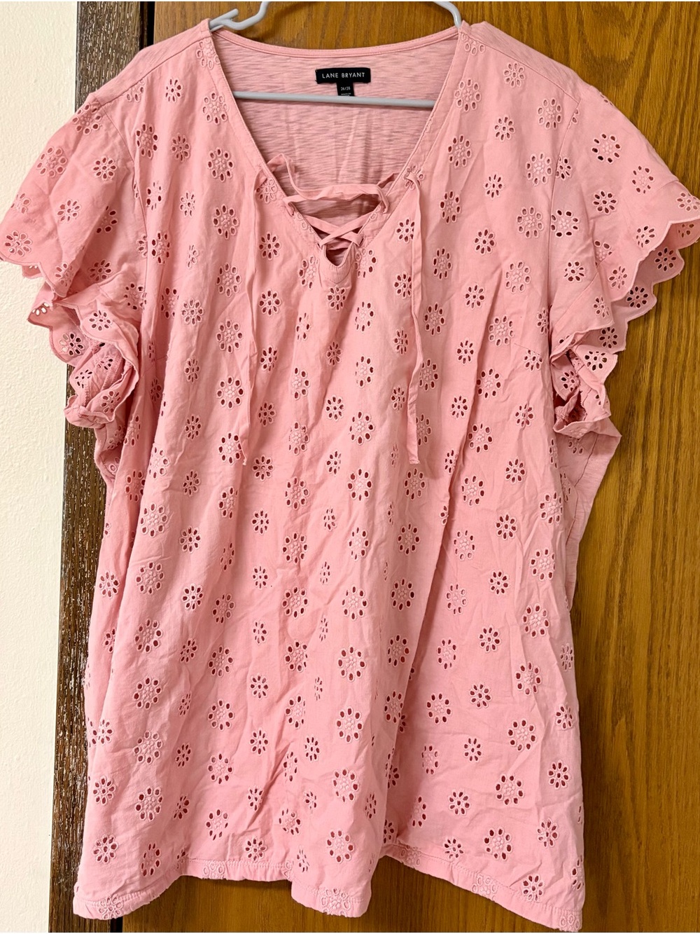 Lane Bryant Pink Eyelet Lace-Up Flutter Sleeve Blouse